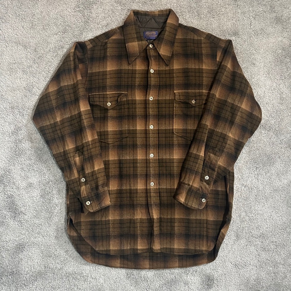 Vintage 60/70s Pendleton Flannel Shirt Mens Size 16.5 Brown Ombre Plaid